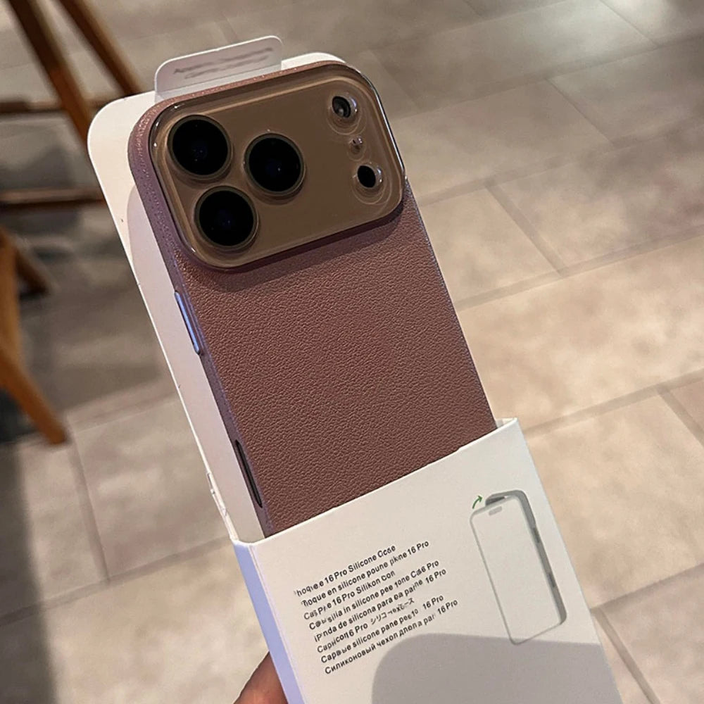 Luxury HD Hard Glass Camera Case For iPhone 17 Air 16 15 14 13 12 11 Pro Max Plus Hard PC Leather Texture Armor Shockproof Funda