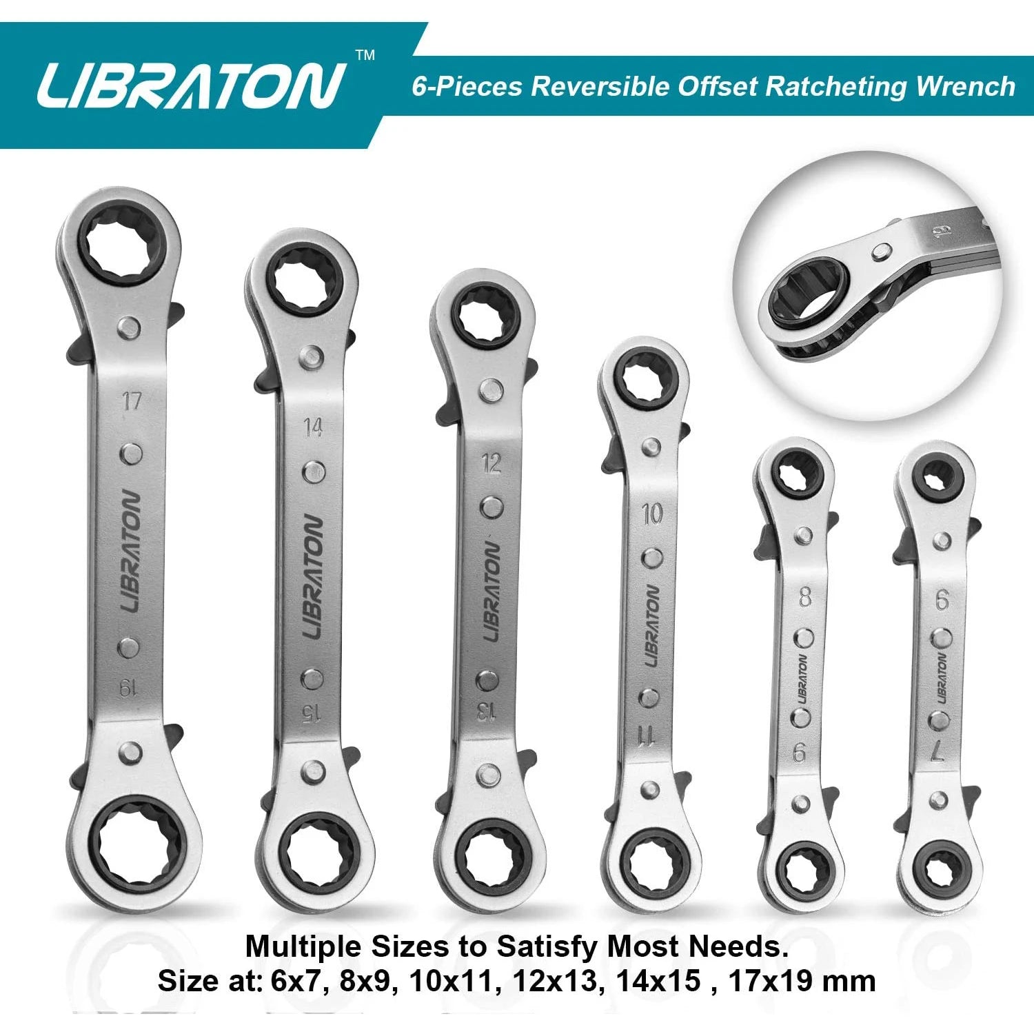 Libraton Offset Wrench Set Metric 6PCs Ratcheting Box Wrenches 6-19mm with Storage Organizer Box, Christmas Gift for Man