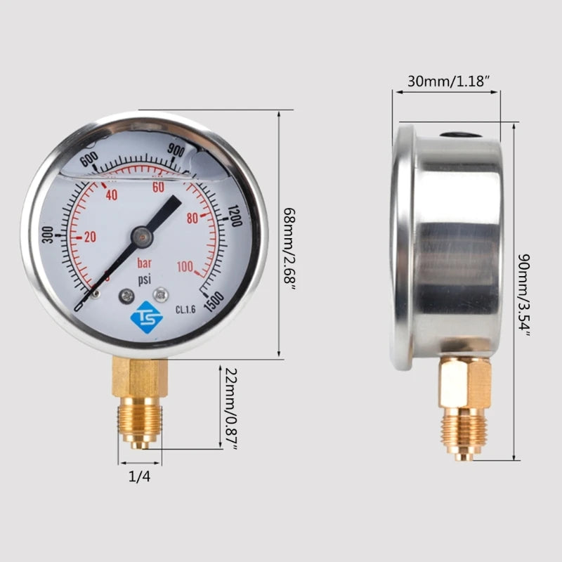 Glycerine Filled Vacuum Pressure Gauge 1/4'' BSP Bottom Connection 100 Bar 0-1500 PSI Water Air Oil Gas Gauge Dual Scale