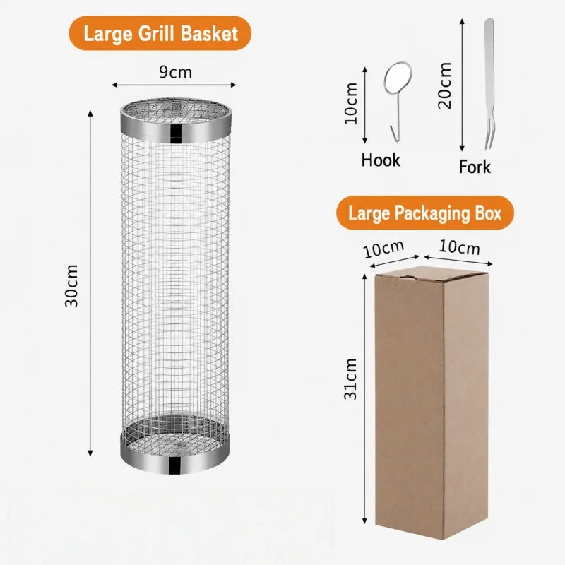 Stainless Steel Rolling Barbecue Basket Cylindrical Barbecue Basket Wire Mesh Portable Outdoor Barbecue Grill