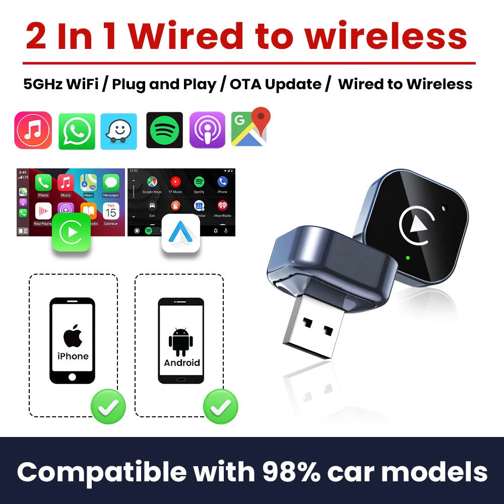 2026  Wireless CarPlay Adapter 2-in-1 Wired to Wireless Dongle for Apple & Android Auto Plug and Play For Car With Wired CarPlay