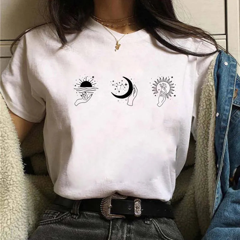 New Fashion Black Tops Funny Female T-shirt Casual Tee Woman Clothes Y2k Cute Tops Moon PrintWomen Harajuku Summer T Shirt Girl