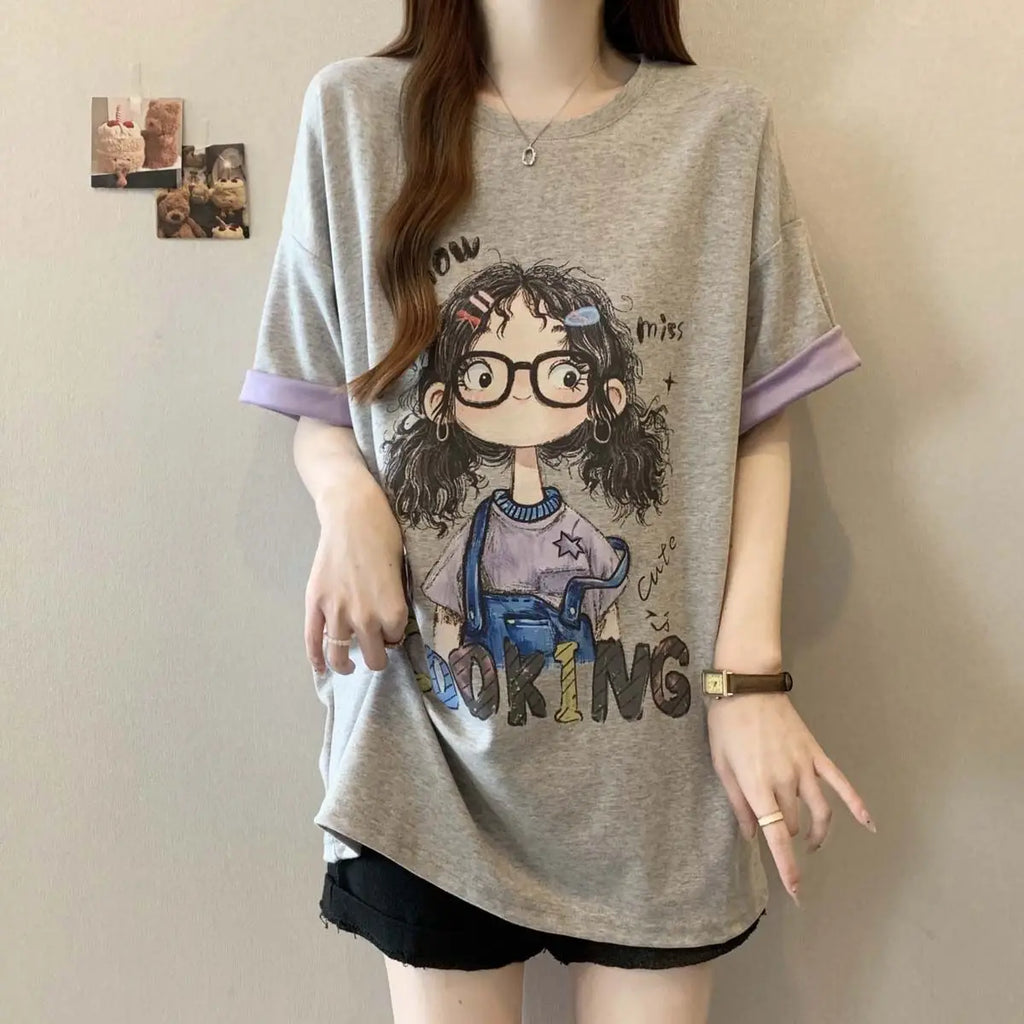 Plus-size women's spring and summer new color-blocking casual loose slimming cartoon letter printed short-sleeve T-shirt