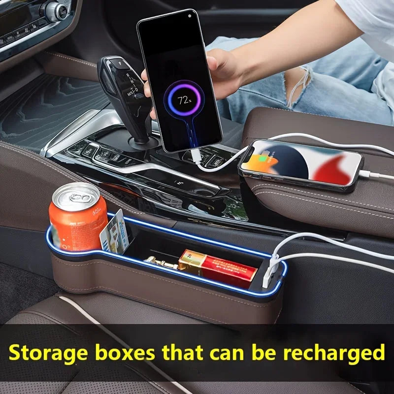 2-In-1 Car Seat Gap Organizer With Dual Usb Chargers&Colorful Ambient Lighting - Pu Leather Storage Box For Phones  Accessories