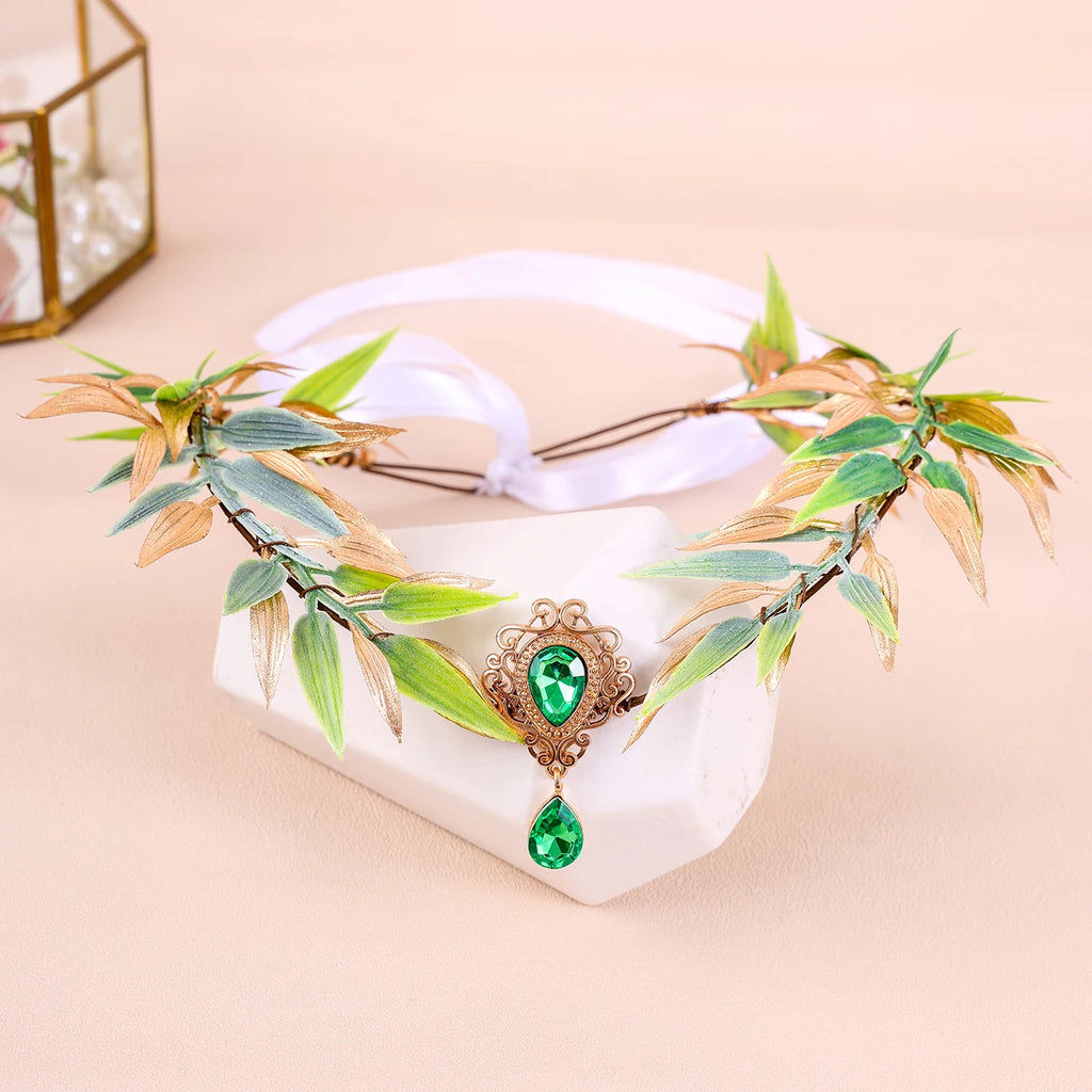 Retro Fairy Leaf Rhinestone Headband Elf Ears Woven Forest Garland Tiara Girl Elven Headpiece for Role-playing Party Costume