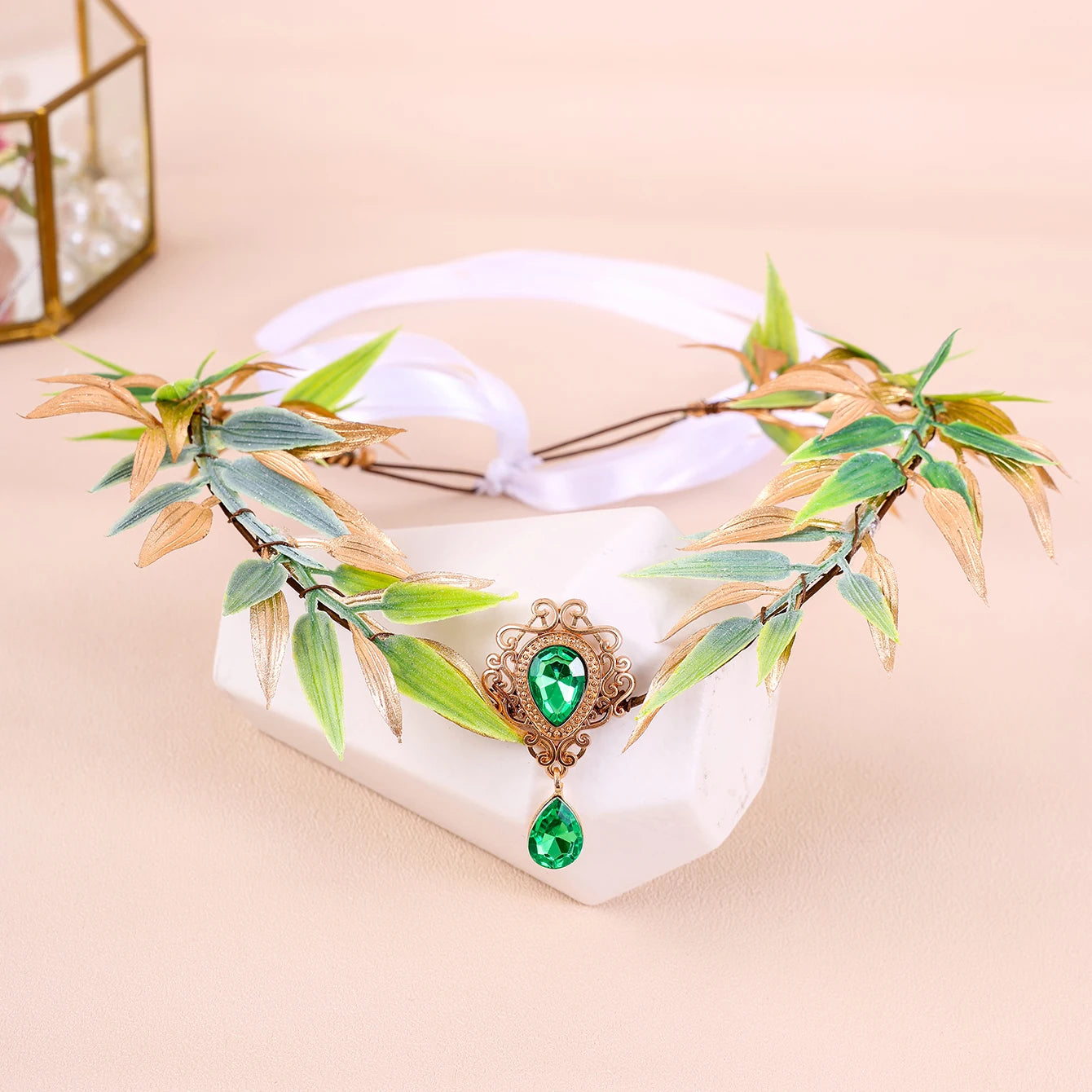 Retro Fairy Leaf Rhinestone Headband Elf Ears Woven Forest Garland Tiara Girl Elven Headpiece for Role-playing Party Costume