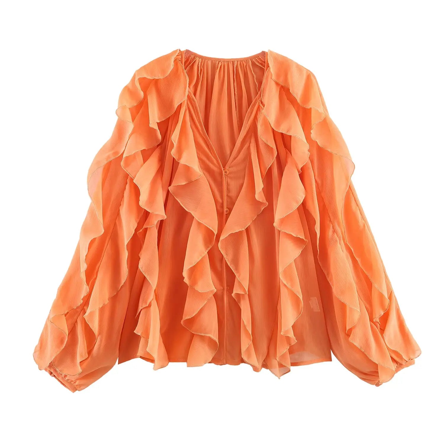2026 Summer Chic Women's Elegant Loose Long Sleeve Layered Shirts Office Lady Vintage V-neck Translucent Tierred Ruffles Blouses