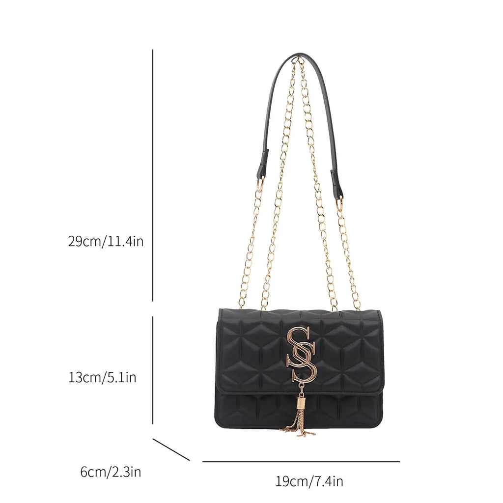 Fashionable Small Fragrant Style Argyle Quilted Small Square Bag Metal Letter Tassel Diagonal Cross Bag Commuter Shoulder Bag