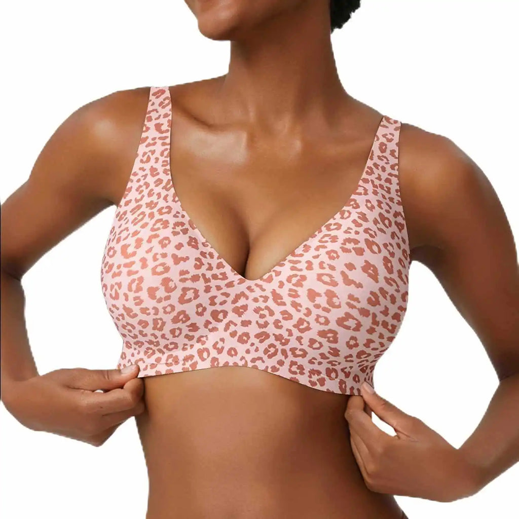 Women's Seamless Pink Leopard Print Bra Wire-Free Bra Full Cup Soft Thin Mold Support Breathable and Beauty Deep V Plus Up Bra