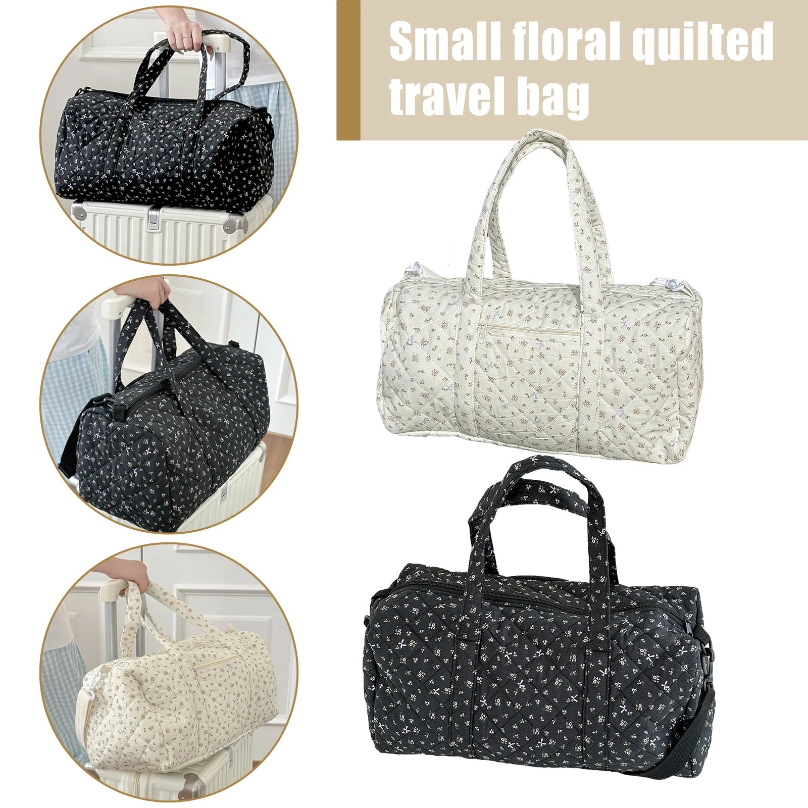 Cotton Quilted Duffle Bag with Zipper Travel Bag Floral Print Tote Bag for Women Weekend Travel Shopping