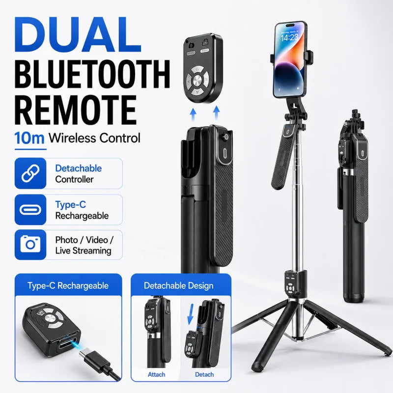 P320 Long Stainless Steel Selfie Stick, 4-Leg Bluetooth Phone Tripod Stand with Dual Remote for Live Streaming and Photography