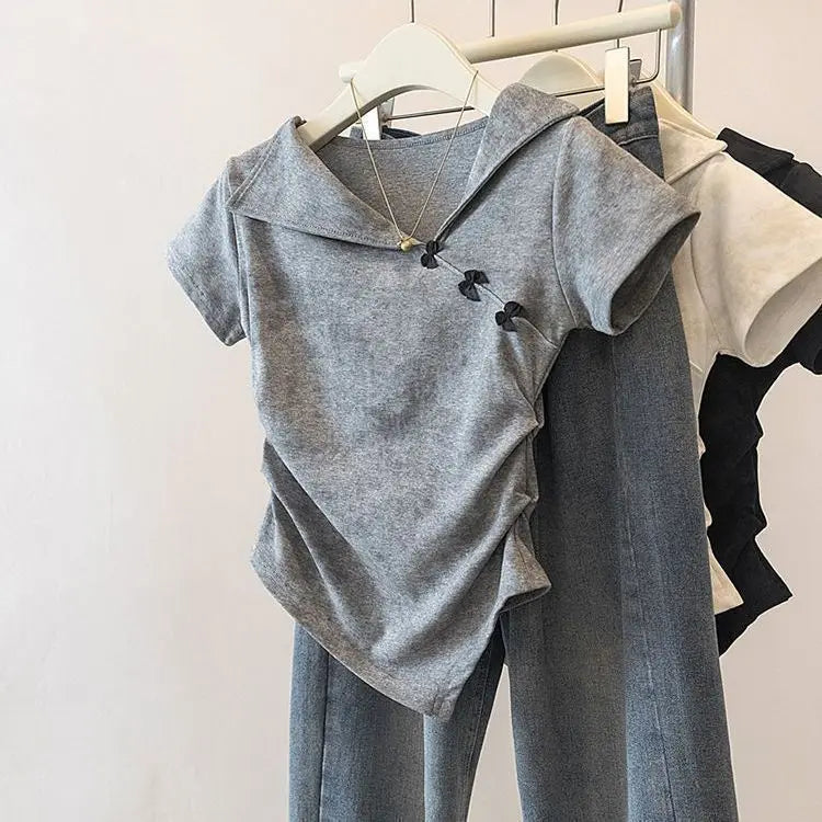 Spring and Summer Plus Size Women's New Design Notched Collar Waist-Cinching Slimming and Hiding Flesh Short-Sleeve T-Shirt