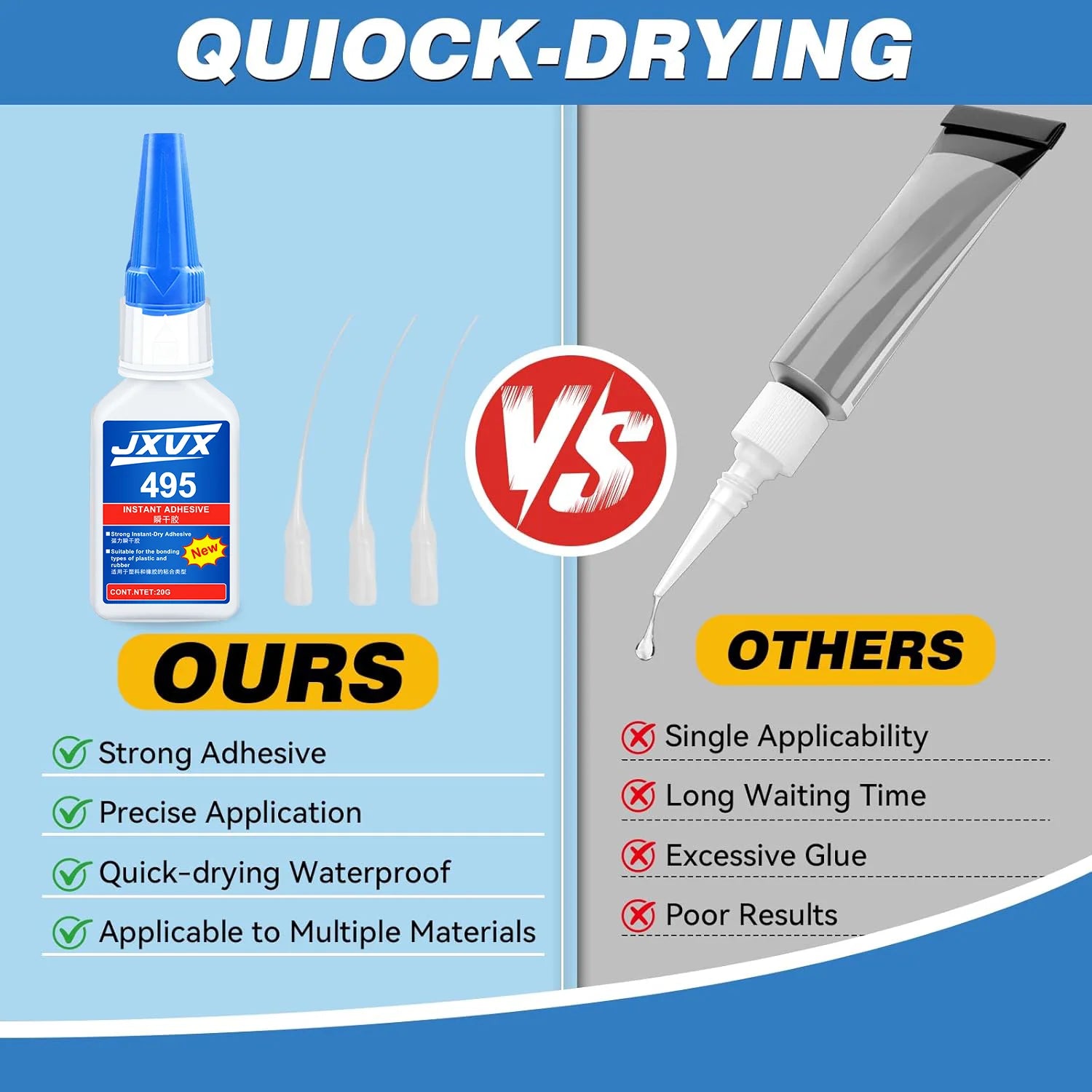 JXVX Super Instant 495 Glue,5Sec Super Glue Strong Bond for Shoes/Glass/Metal/Wood/Plastic,Ceramic Quick Dry Industrial Strength Instant Adhesive Tool