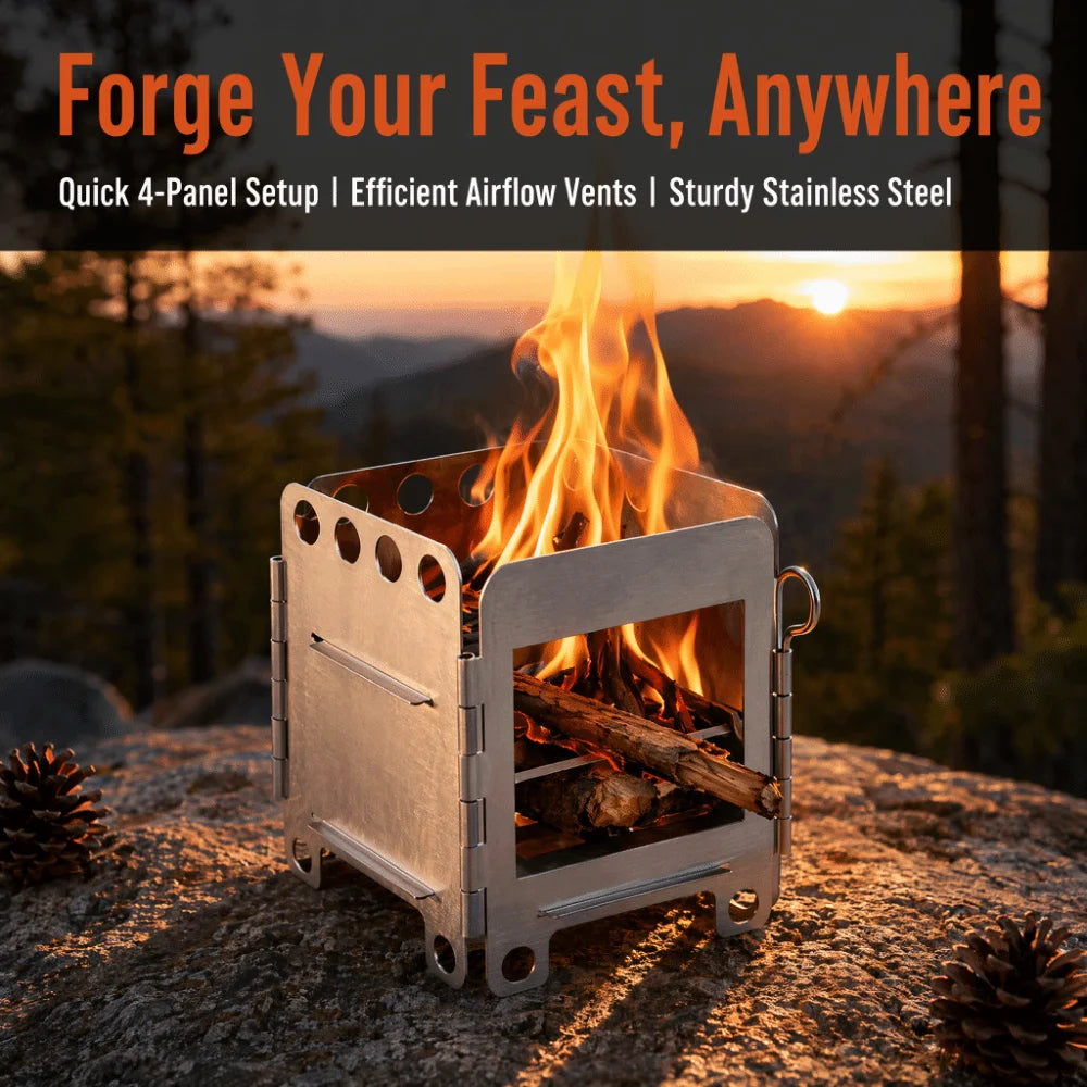 Lightweight Stainless Steel Camping Stove Ventilation Holes Foldable Detachable Wood Burning Stove Compact Portable Fire Pit BBQ