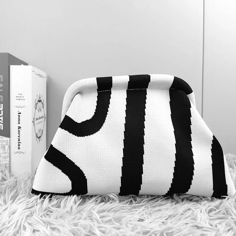 Summer Beach Clutch Purses for Women Crochet Woven Ruched Dumpling Hobo Bag Striped Color Evening Handbag Pool Knit Clutch
