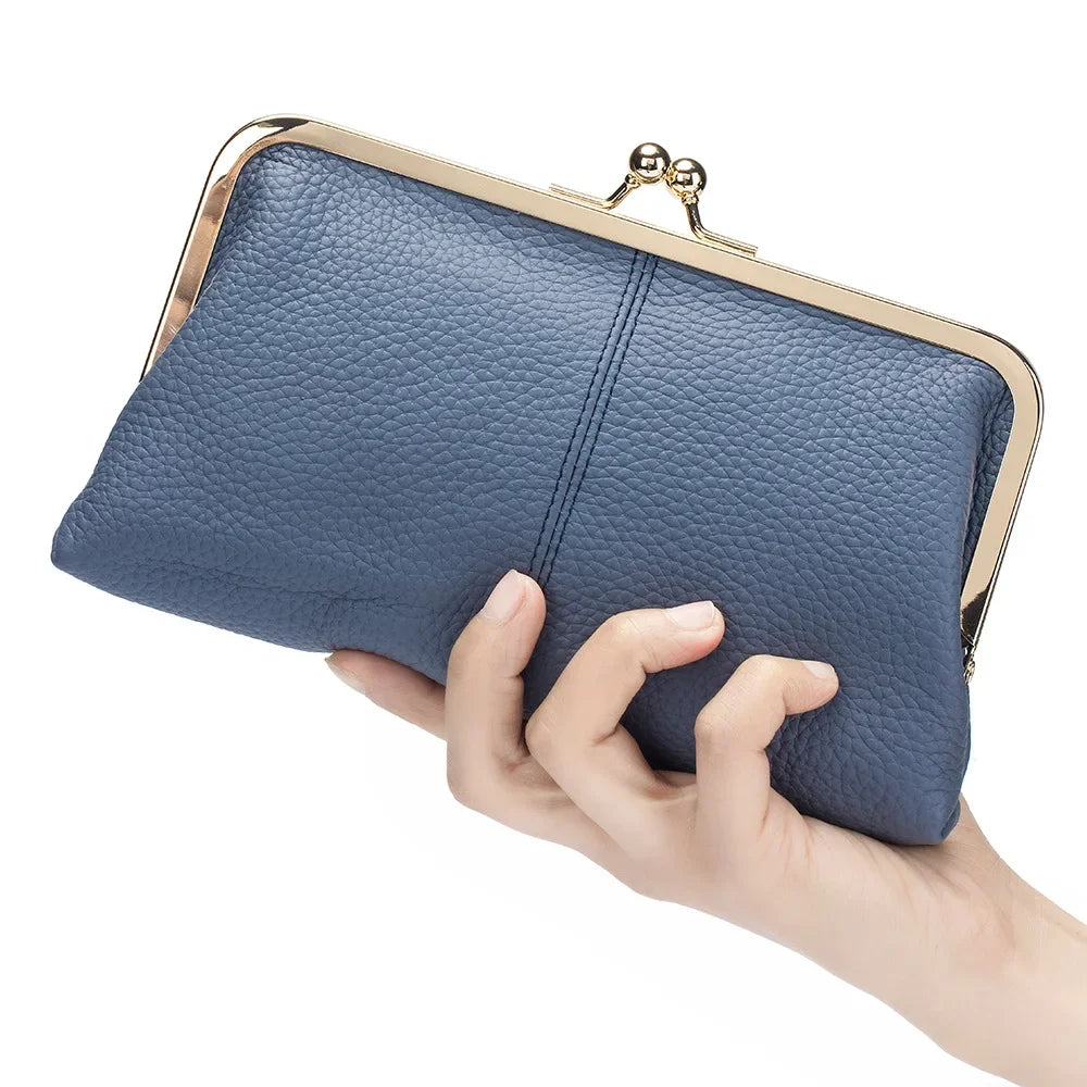 Vintage Genuine Leather Clutch Purses for Women Small Evening Bag with Kiss Lock Closure Metal Frame Long Large Clutch Wallet