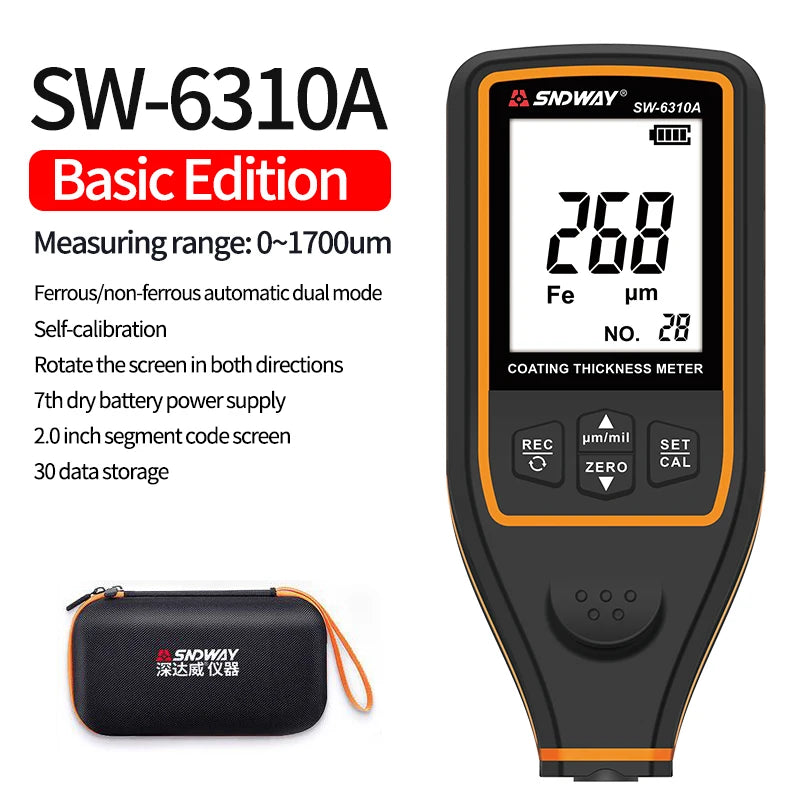 SNDWAY Coating Thickness Gauge For Cars SW-6310A 0.1um/0-1700 FE/NFE Paint Film Thickness Tester Coating Micro Meter Paint Tools