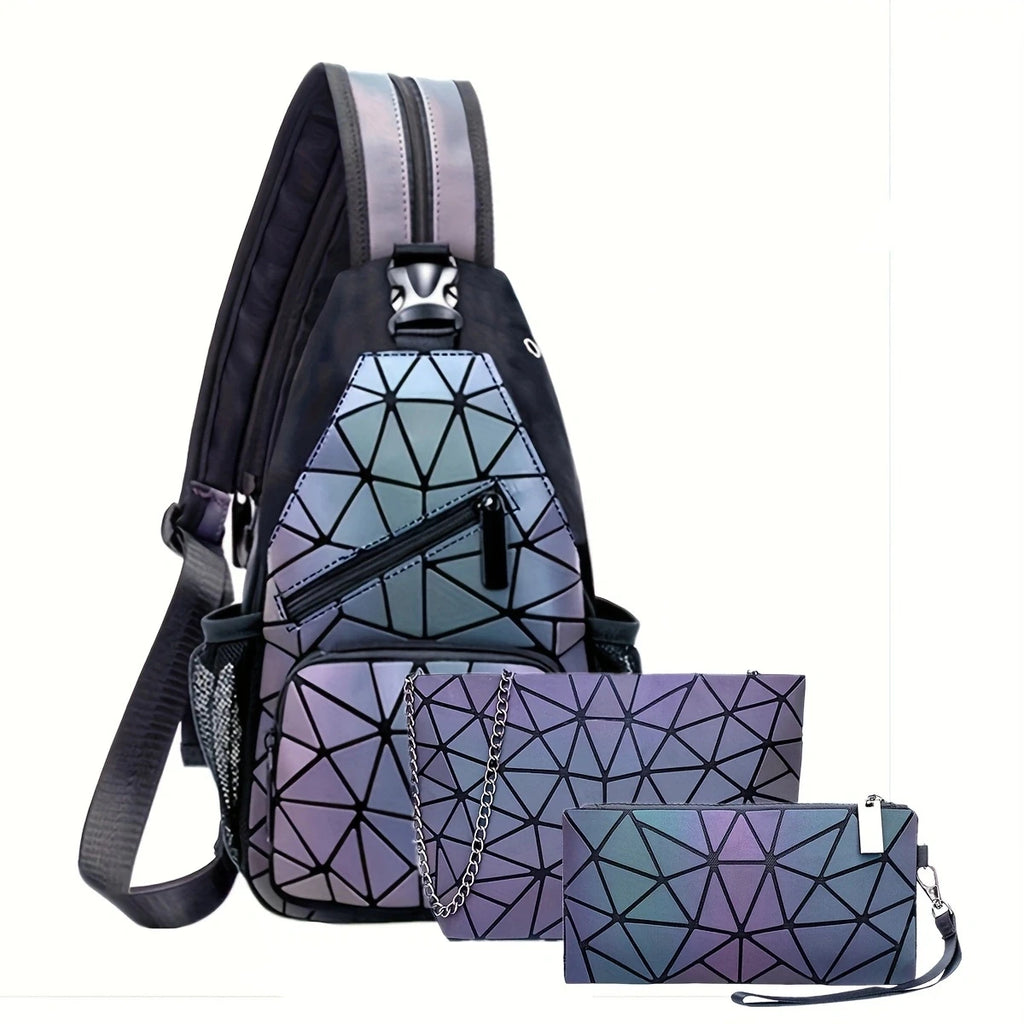 Geometric Luminous Backpack, Holographic Reflective Bag, Women's Large Capacity Crossbody Bag