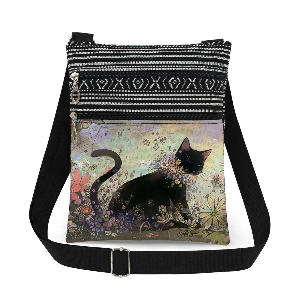 Cute Cartoon Black Cat Print Crossbody Bags Shoulder Bags For Women Daily Travel Portable Small Messenger Bags Catkeeper Gift