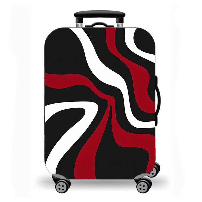 Luggage cover, abstract fluid corrugated lines, black red gold printed elastic protective cover, modern suitcase dust cover