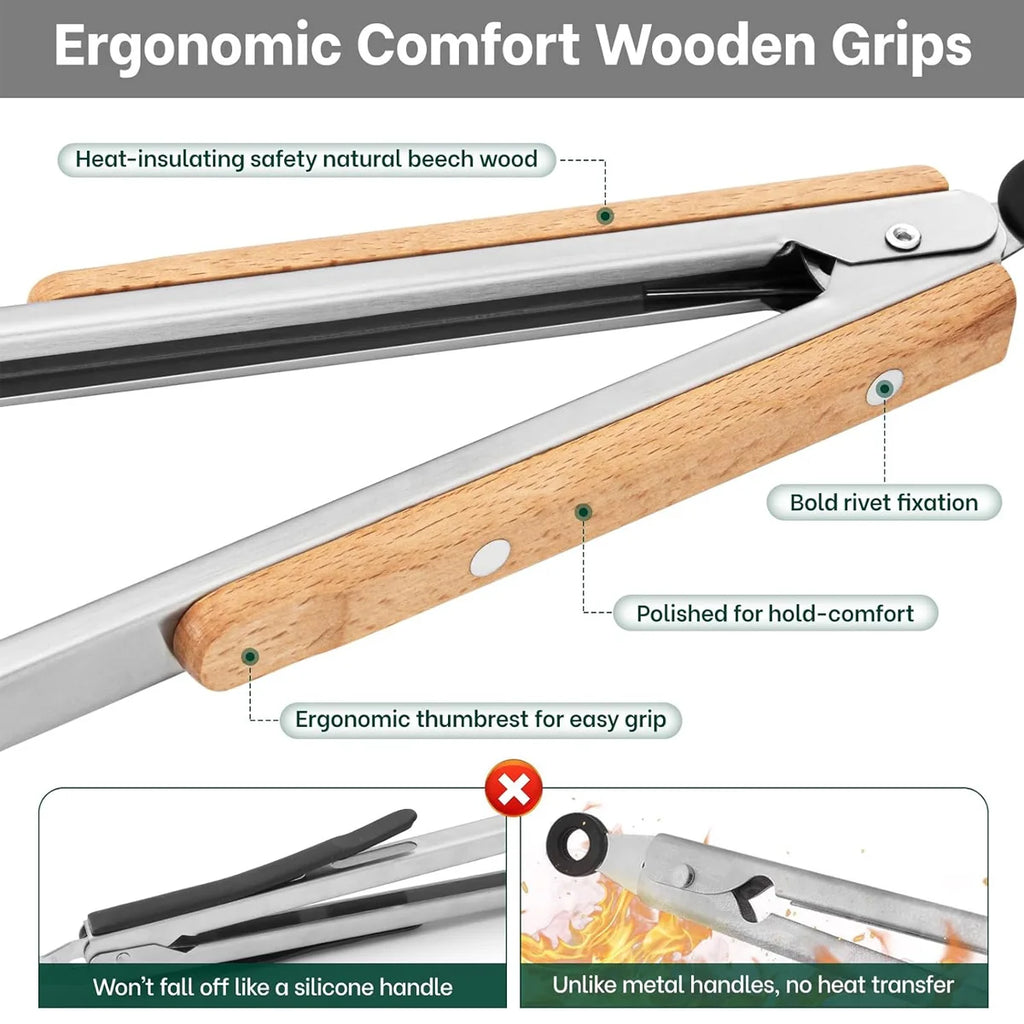 Leeseph Stainless Steel Food Tongs, 7-16 Inch Length, Heavy Duty Kitchen Tongs with Wooden Handle for Cooking, Grilling and BBQ