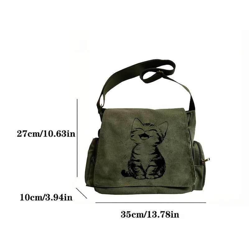 Large Capacity Women's Canvas Shoulder Bag Lovely Cat Printed Army Green Crossbody Bag For Women Laptop Bag