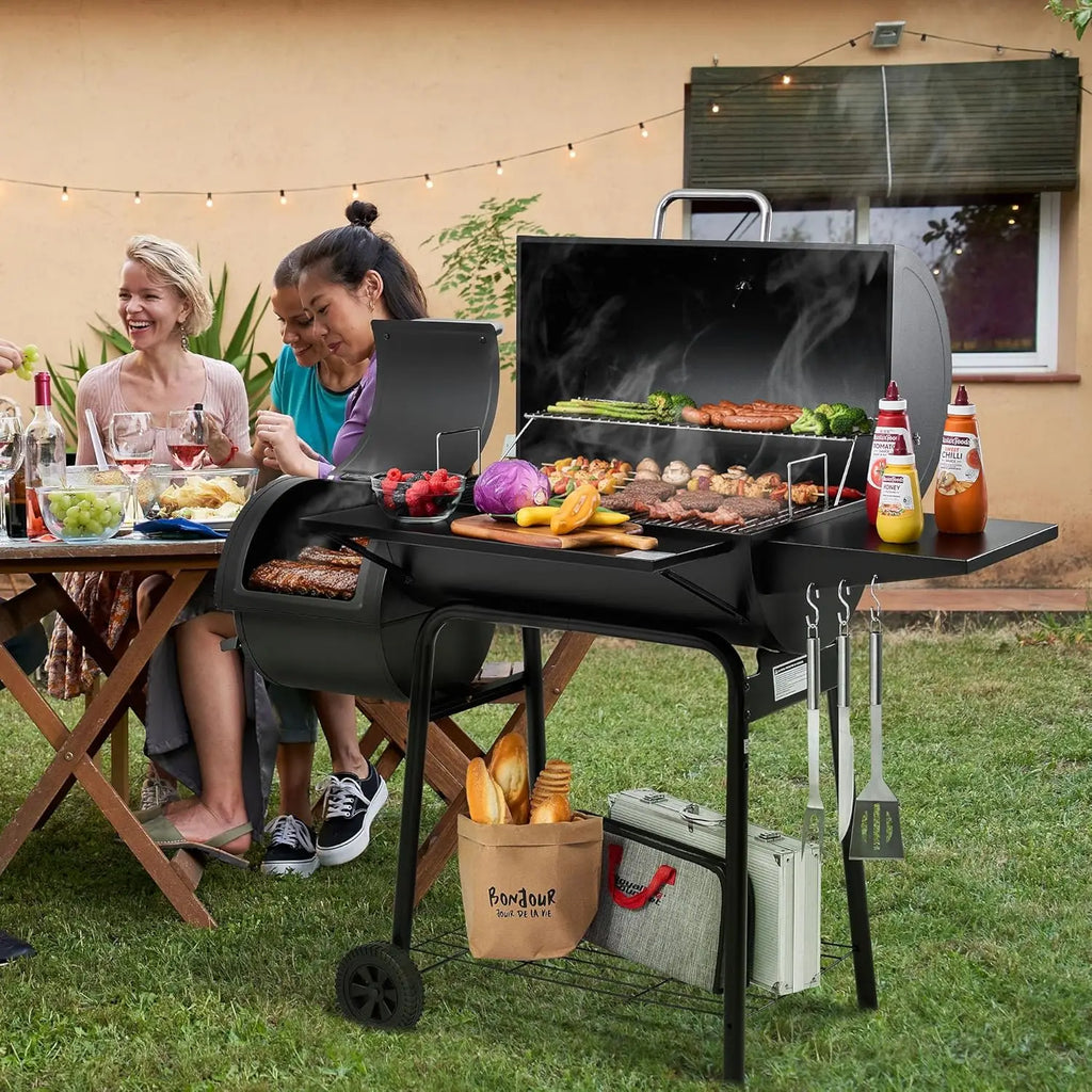 Charcoal Grill Offset Smoker: Charcoal Barbecue Grills with Spacious Cooking Area | Barrel BBQ Grill Smokers Combo for Outdoor
