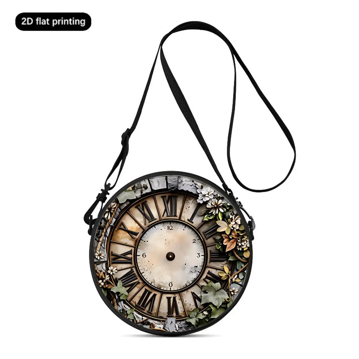 Clock Print Round Shoulder Bag Casual Messenger Bag Daily Adjustable Strap Crossbody Bag for Woman Best Gifts 2D Flat