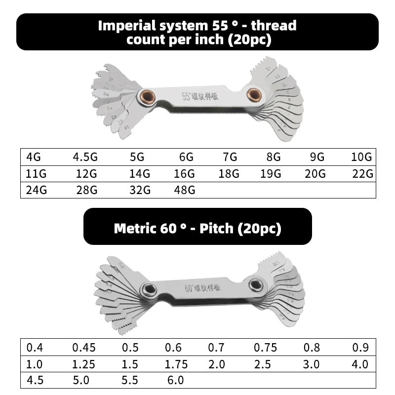 55/60 Degree Imperial Metric Thread Plug Gauge Thread Gear Tooth Gauge Measuring Centre 20PCS