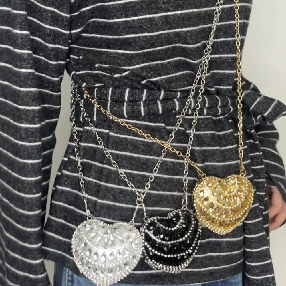 Luxury Rhinestones Ladies Evening Bag Mini Heart Shape Shoulder Bag Portable Handle Rhinestone Handbags Evening Wedding Party