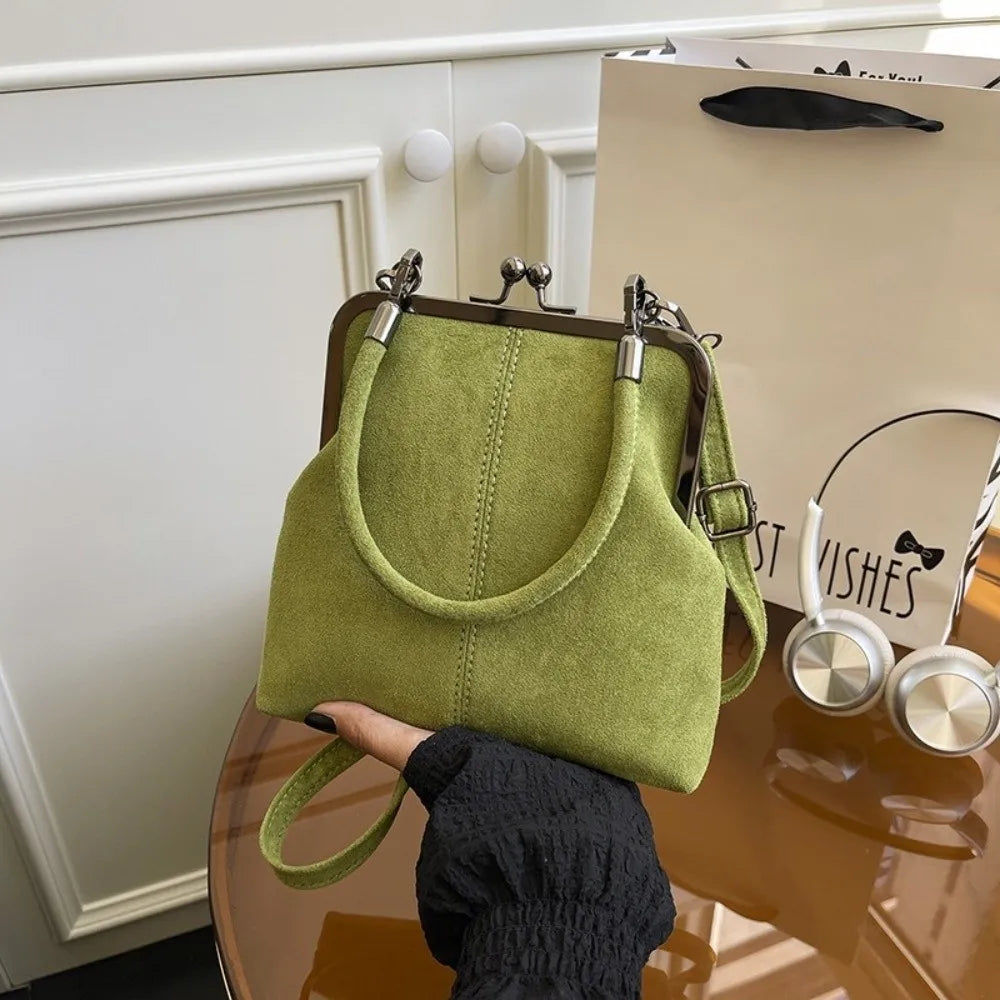 Large Capacity Retro Frosted Handbag Kiss Lock Short Handle Leather Crossbody Bag Clip Closure PU Clutch Shoulder Bag