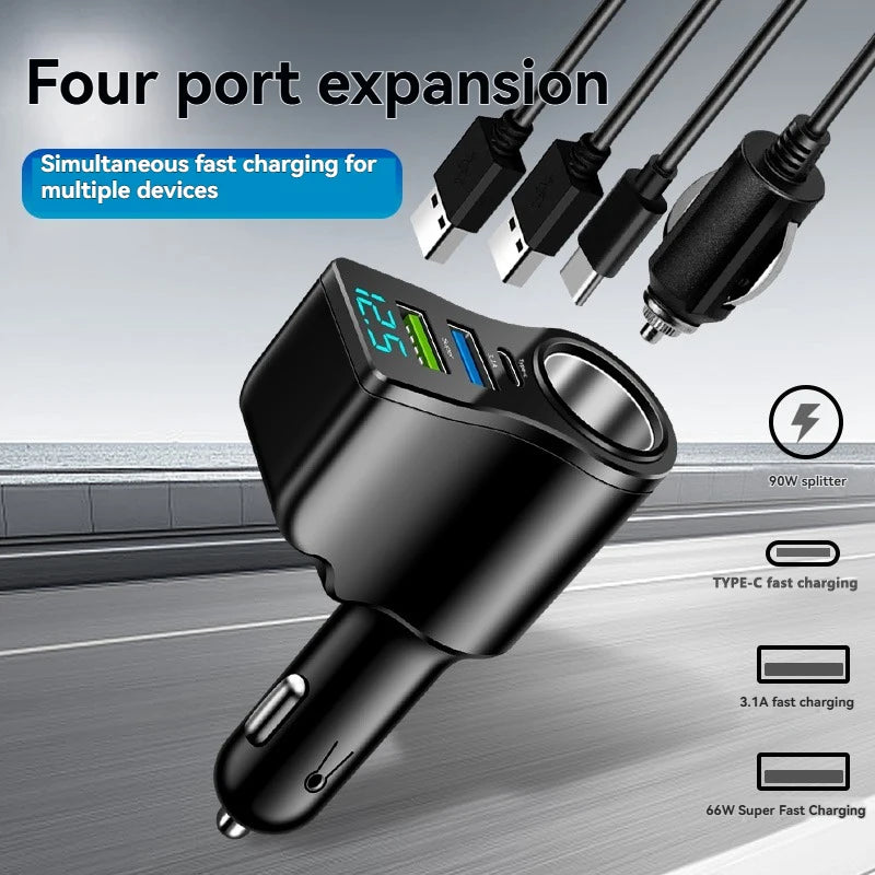 4 in 1 Car Charger Adapter 66W PD Fast Charging USB C Car Charger Cigarette Lighter Splitter with Digital Display