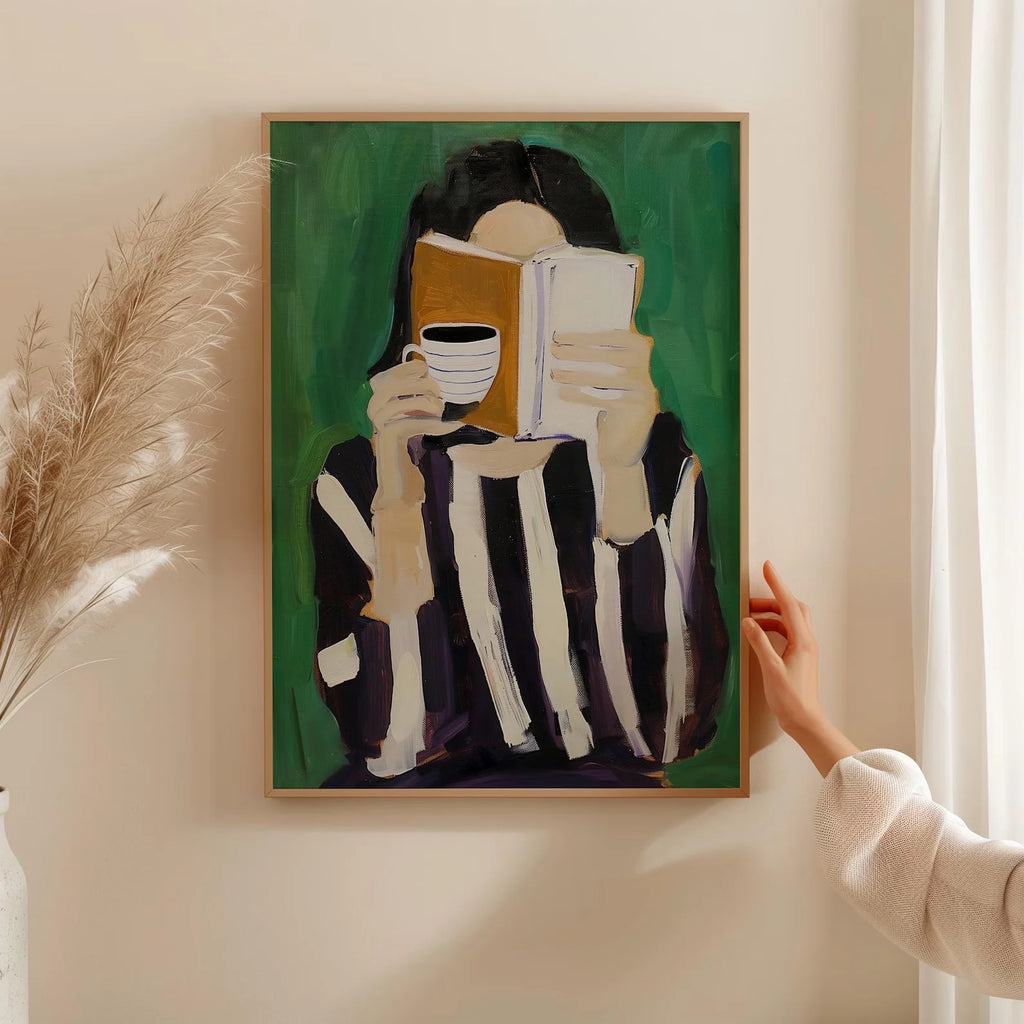 Emerald Green Woman Reading Folder Print Minimalist Abstract Canvas Wall Decor Unframed
