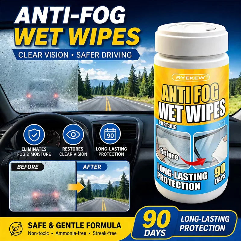 RYEKEW Car Glass & Interior Anti-Fog Wipes — Long-Lasting 90-Day Protection, Clear Visibility, Anti-Fog Cleaning Wipes