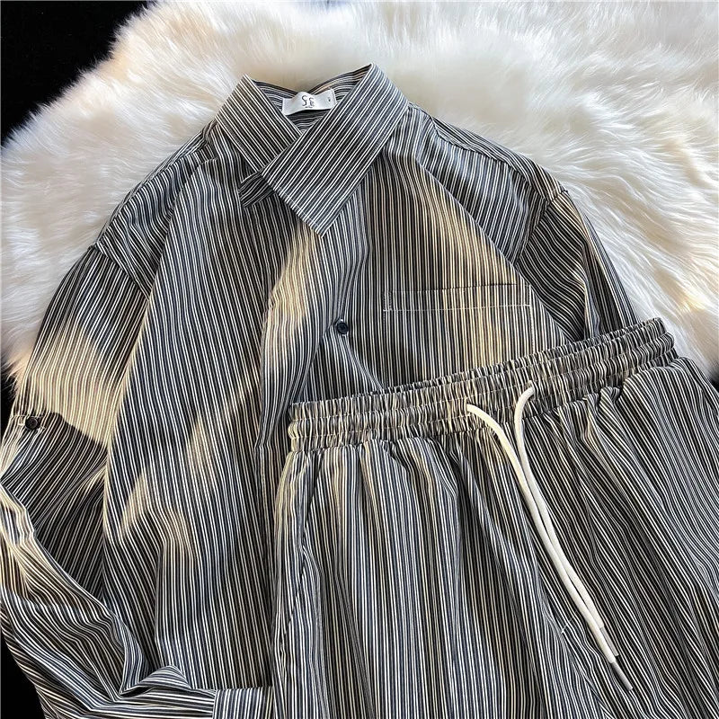 Summer Street Style Men's Striped Loose Long Sleeve Shirt And Shorts Set High Waist Design Trendy Cotton Polyester Blend Casu...