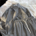 Summer Street Style Men's Striped Loose Long Sleeve Shirt And Shorts Set High Waist Design Trendy Cotton Polyester Blend Casu...