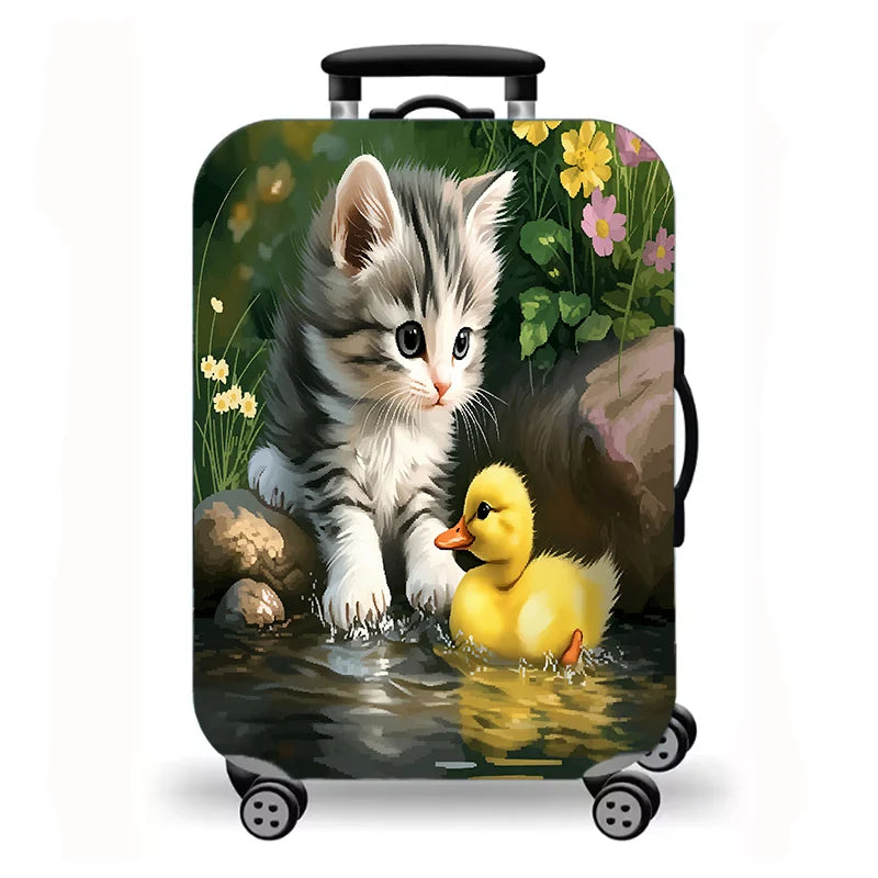 Luggage Cover, Cute Fluffy Kitten Cat Floral Duck Print Stretch Suitcase Protector, Washable Anti-Scratch Travel Baggage Cover