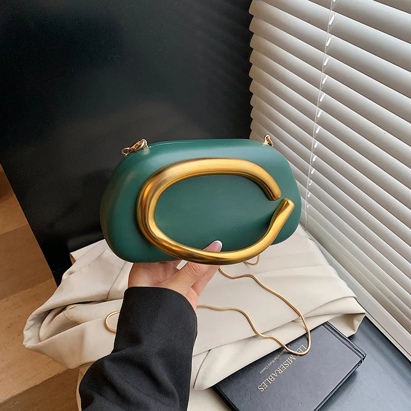 New Clutch Bag Metal Handle Design Evening Bag Round Box Chain Bag Elegant Woman Shoulder Bags PU Crossbody Bag