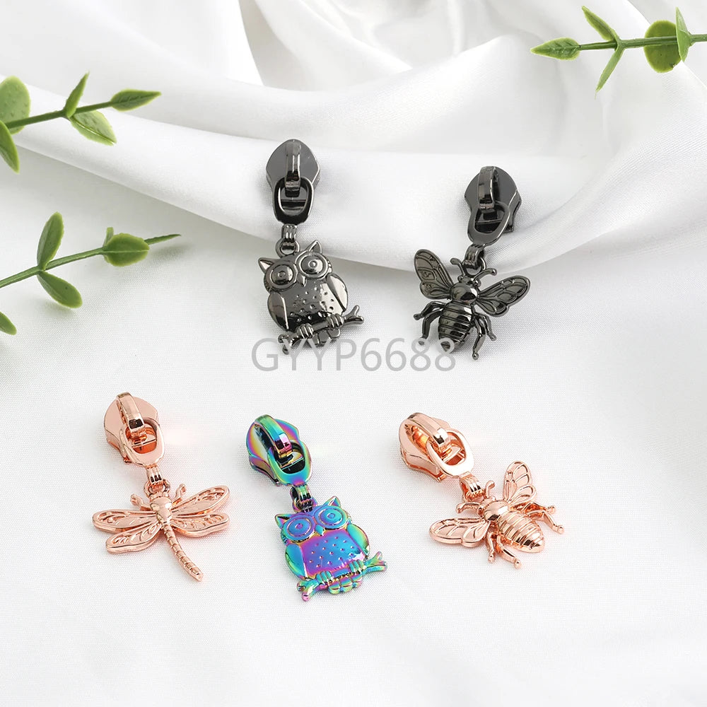 10/40/100PCS Owl/Dragonfly/Bee/Butterfly Shape 5# Nylon Zipper Sliders For Decorative Zipper Tab Bags Pocket Sewing Accessories