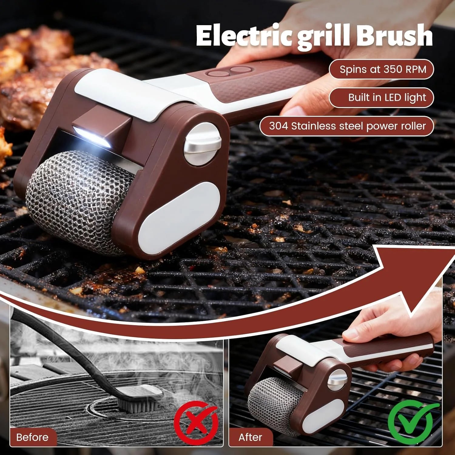 Electric Stainless Steel Grill Brush,Rechargeable Roller Type BBQ Grill Cleaner with LED Light,Outdoor Camping BBQ Cleaning Tool