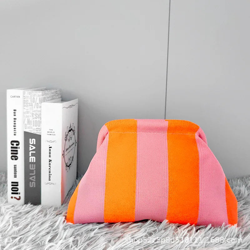 Summer Beach Clutch Purses for Women Crochet Woven Ruched Dumpling Hobo Bag Striped Color Evening Handbag Pool Knit Clutch