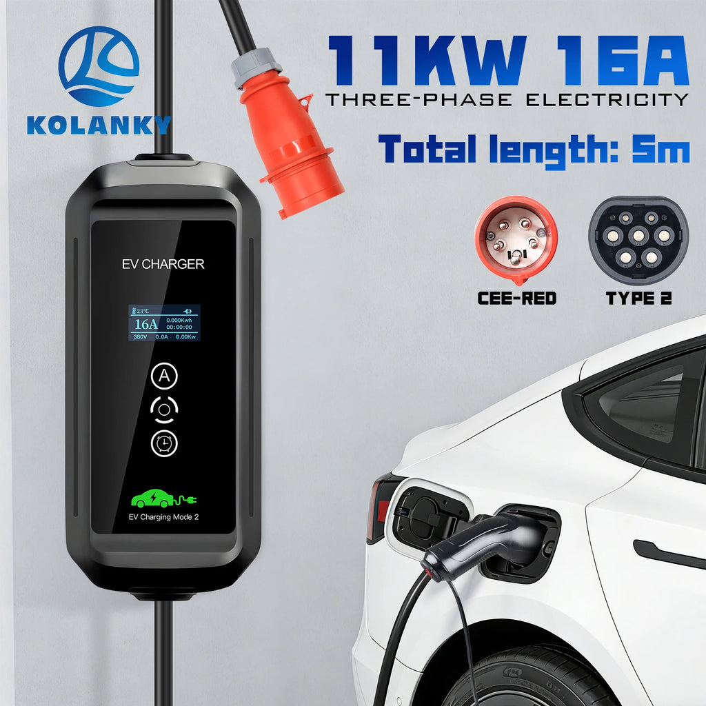 Portable 11KW 16A EV Portable Charger Type2 IEC62196-2 EVSE Charging Box Electric Vehicle PHEV Cars Charger CEE Plug 5M Cable