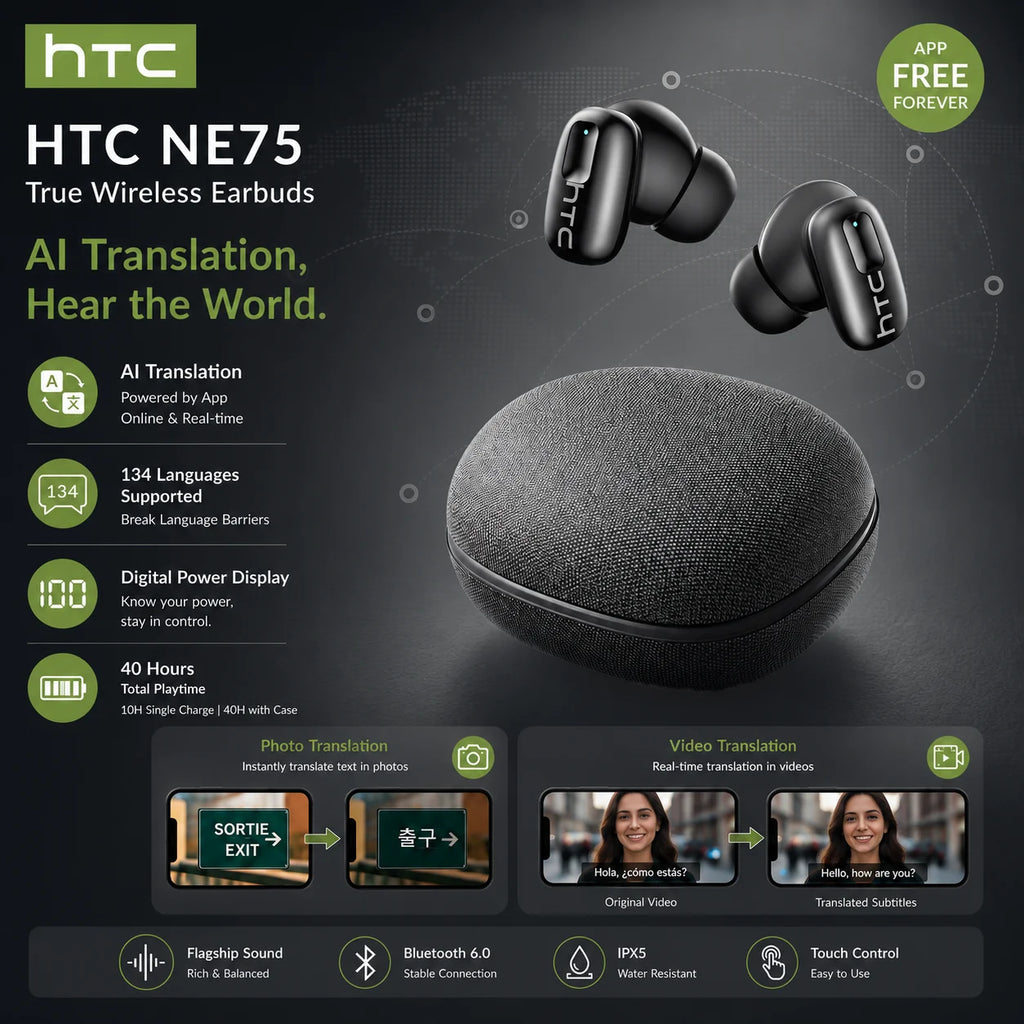 HTC NE75 Wireless Headphones 135 Language AI translator Earbud Low Latency Battery Display Long Battery Soft Bluetooth Earphones