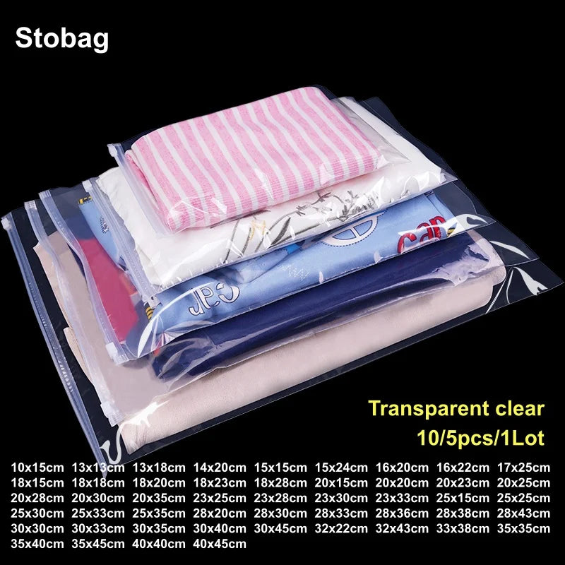 StoBag 10/5pcs Transparent Clothes Packaging Zipper Bags Plastic Clear Reusable Sealed Shirt Storage Organizer Reusable Pouches