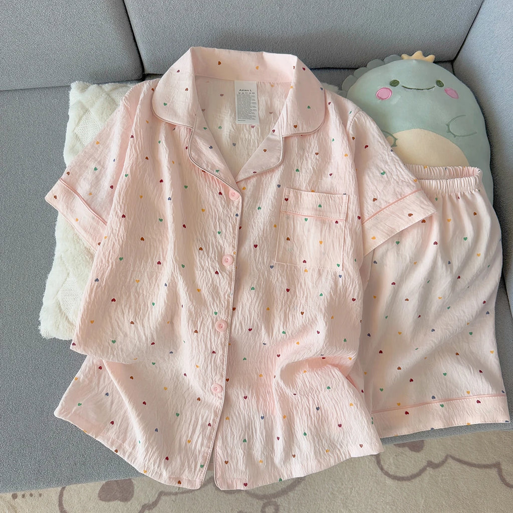 Women's Summer Thin Pajamas with Heart-Shaped Pattern, Short-Sleeved Shorts, Sweet and Cute, Can Be Worn Outside in Summer, Two-Piece Home Wear Set