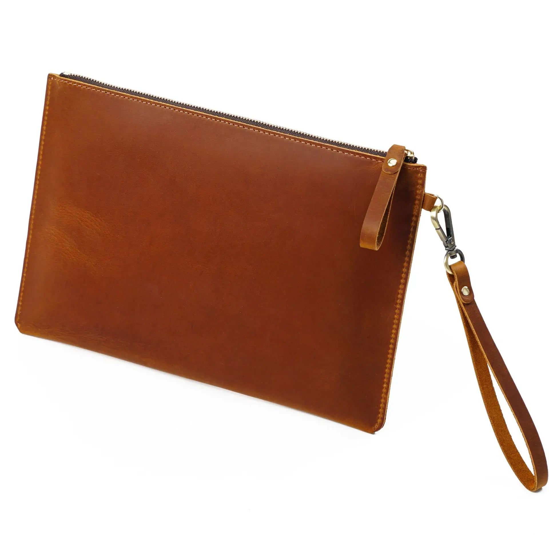 Handmade Vintage Men's Top-Grain Leather Briefcase - Medium Waxed Leather Zippered Document Organizer Clutch Bag