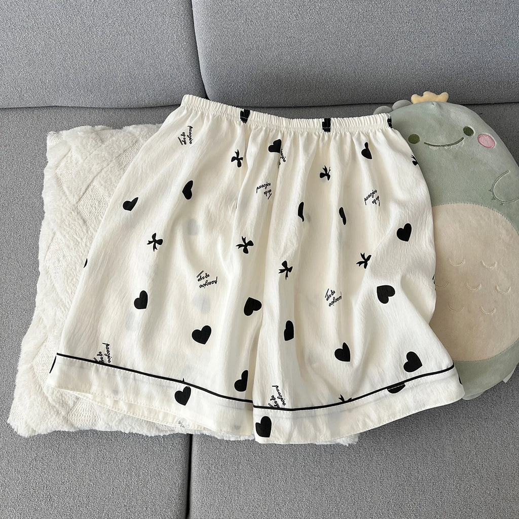Women's Summer Thin Pajamas with Heart-Shaped Pattern, Short-Sleeved Shorts, Sweet and Cute, Can Be Worn Outside in Summer, Two-Piece Home Wear Set