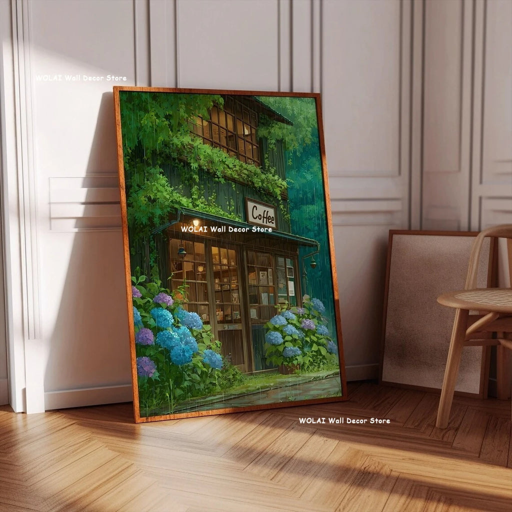 Anime Cafe Shop and Bicycle Canvas Poster Ghibli Work Anime Style Street Cafe Scene Wall Art Printing for Living Room Home Decor