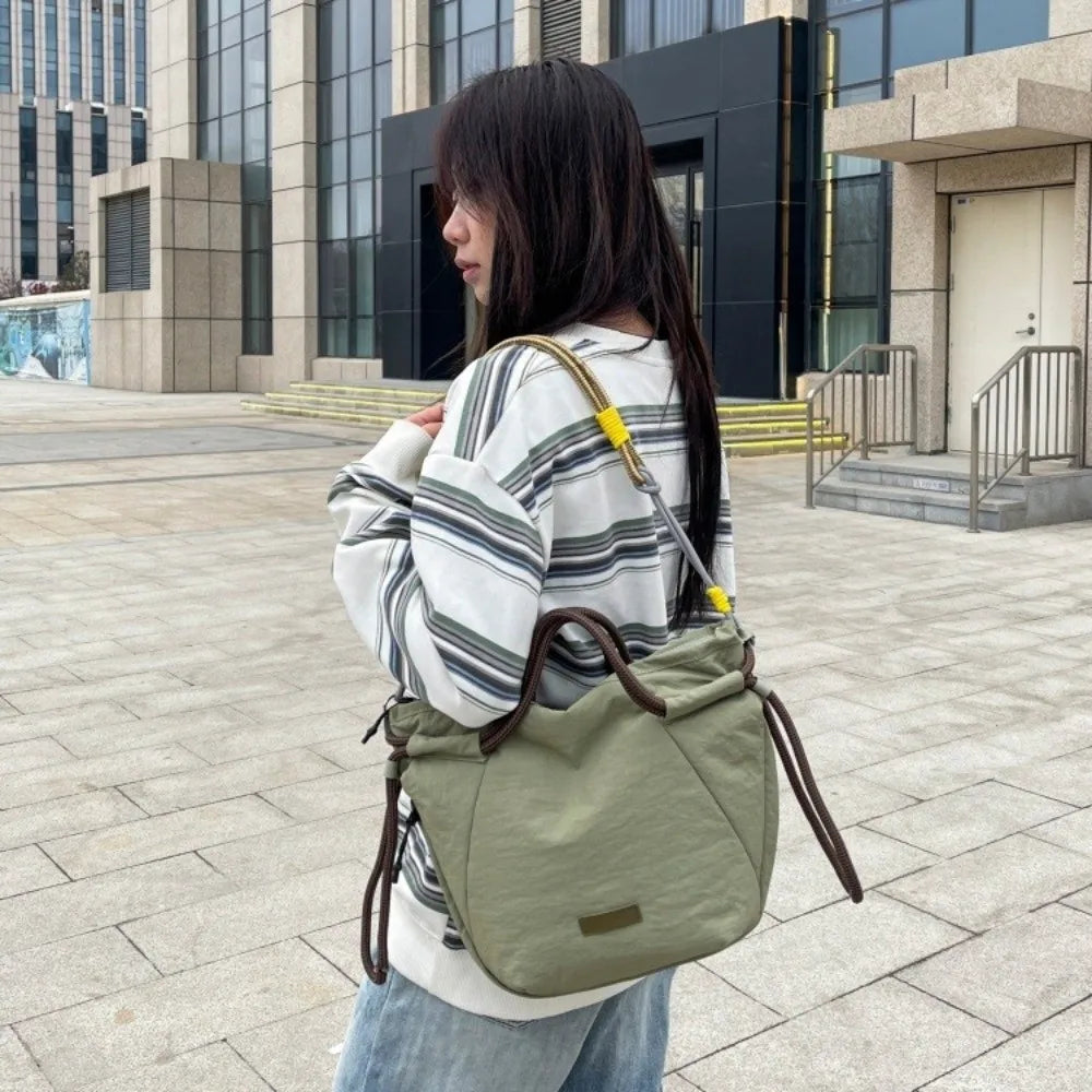 Retro Contrast Color Drawstring Shoulder Bag Webbing Large Capacity Tote Bag Multi-pocket Korean Style Handbag Date