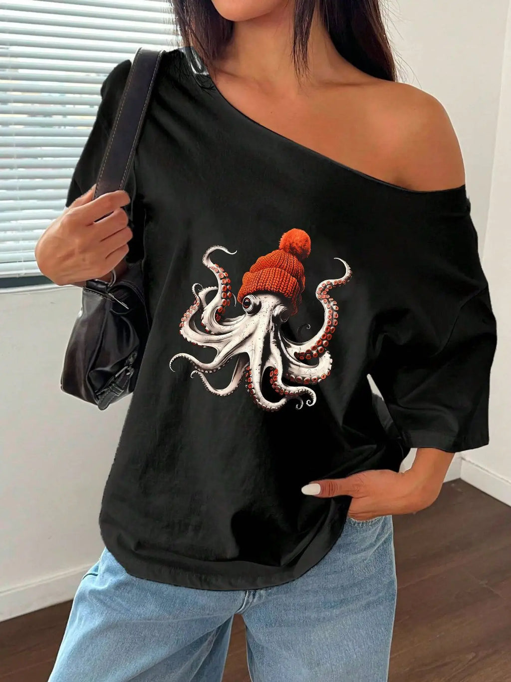100% Cotton Plus Size Octopus Beanie Graphic Print Shoulder Loose Print T-Shirt Oversized Y2K Style Graphic Tees Women Tops S